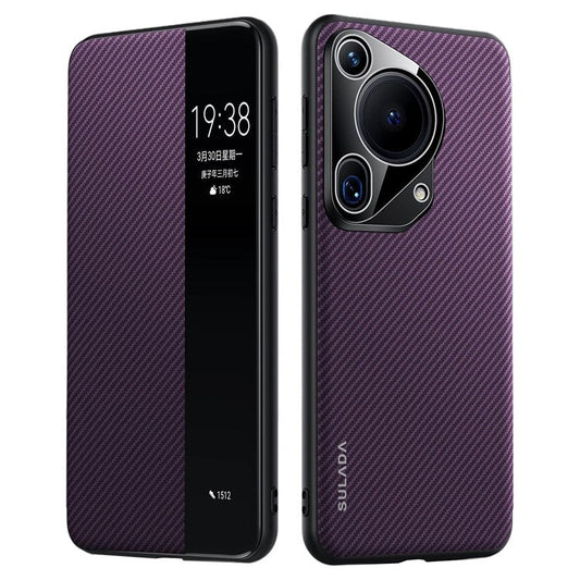 SULADA For Huawei Pura 70 Ultra Case Carbon Fiber Texture Leather Phone Cover Auto Sleep / Wake Up - Purple