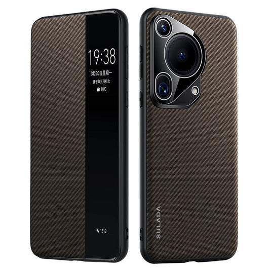 SULADA For Huawei Pura 70 Ultra Case Carbon Fiber Texture Leather Phone Cover Auto Sleep / Wake Up - Brown