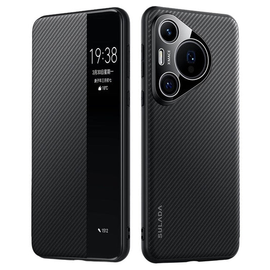 SULADA For Huawei Pura 70 Case View Window Leather Phone Cover with Auto Wake / Sleep - Black