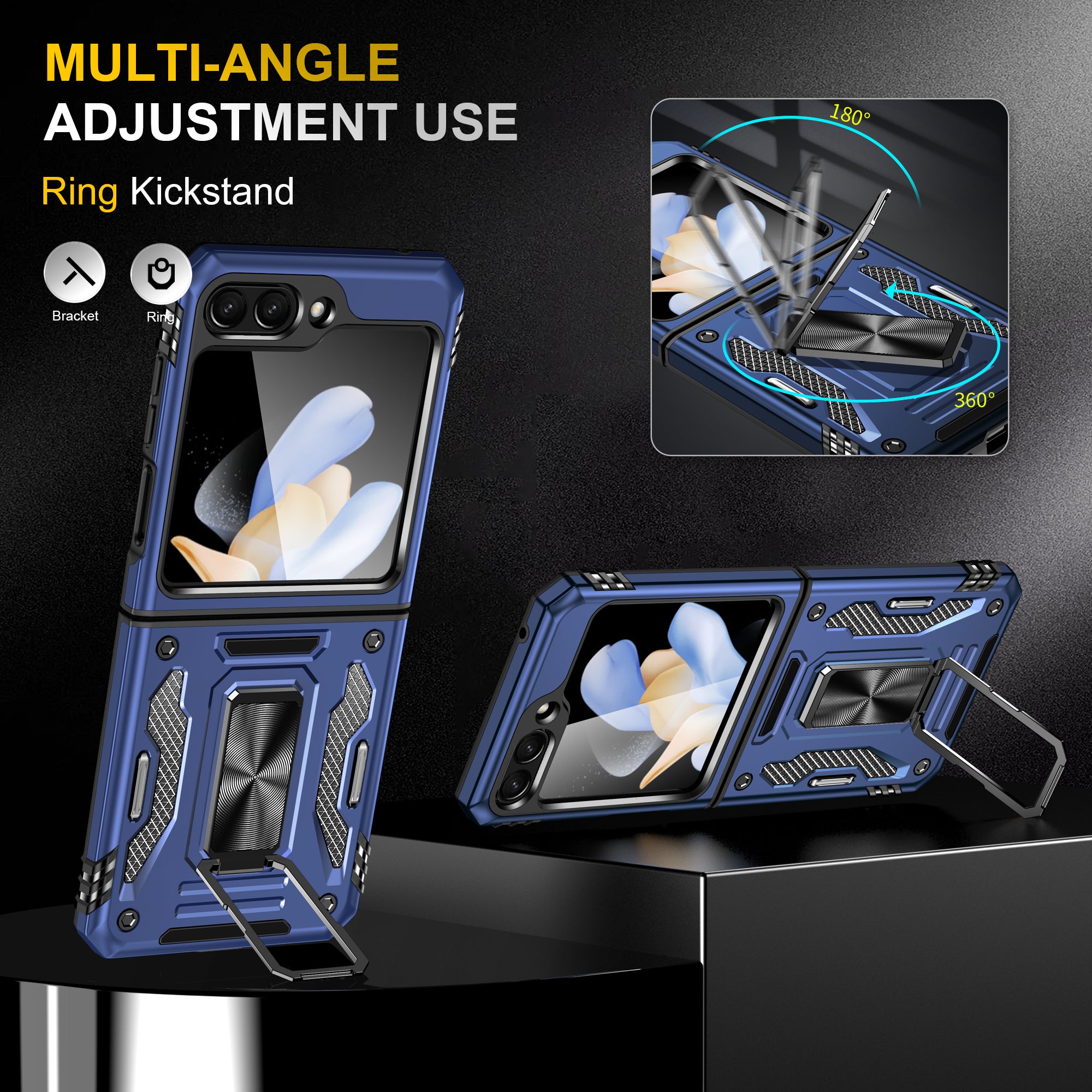 Armor Series For Samsung Galaxy Z Flip6 5G Case Ring Kickstand PC+TPU Phone Cover - Navy Blue