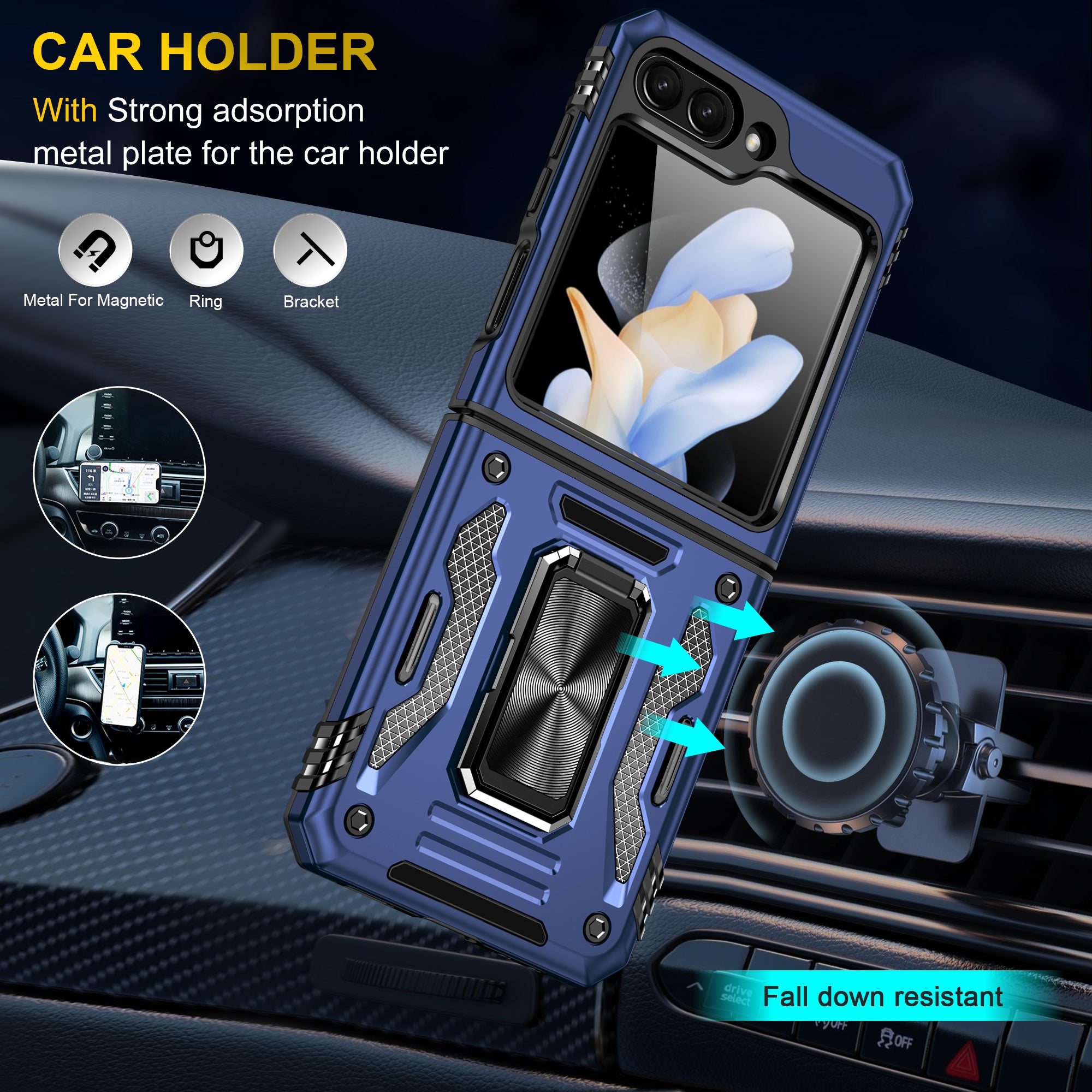 Armor Series For Samsung Galaxy Z Flip6 5G Case Ring Kickstand PC+TPU Phone Cover - Navy Blue