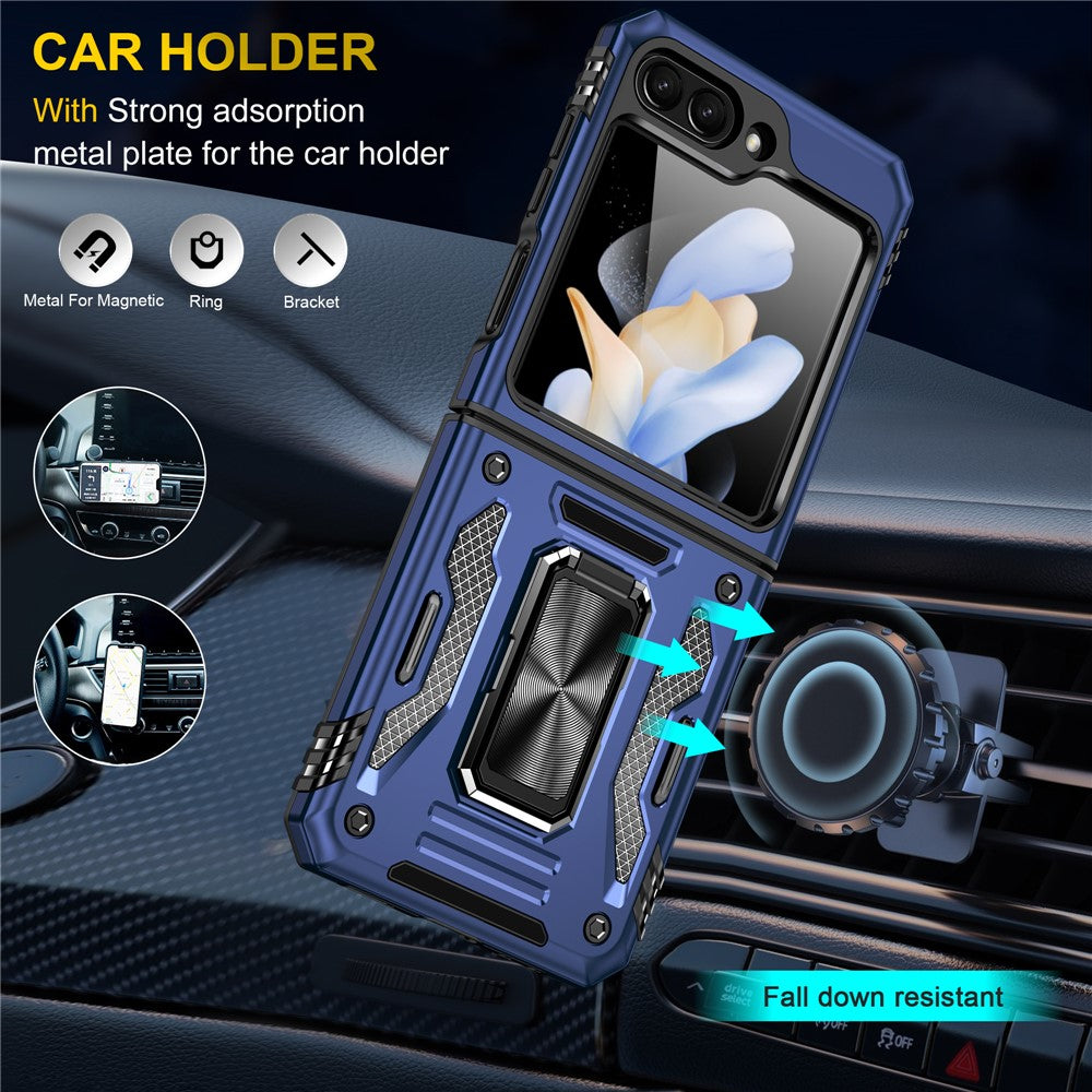 Armor Series For Samsung Galaxy Z Flip7 FE 5G / Z Flip6 5G Case Ring Kickstand PC+TPU Phone Cover - Navy Blue