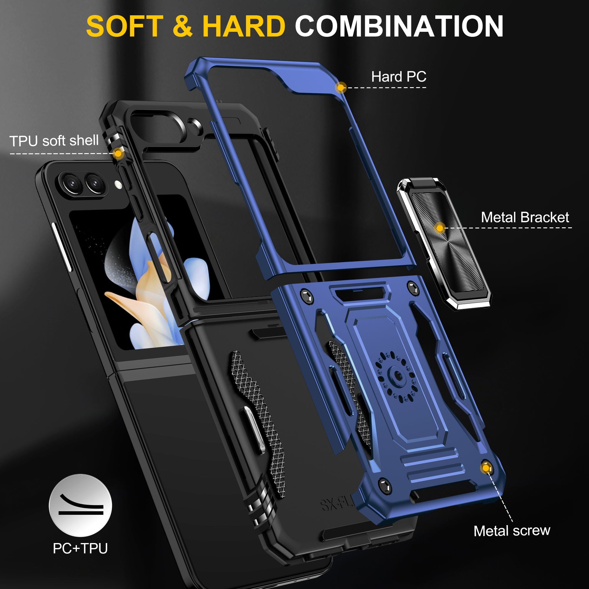 Armor Series For Samsung Galaxy Z Flip6 5G Case Ring Kickstand PC+TPU Phone Cover - Navy Blue