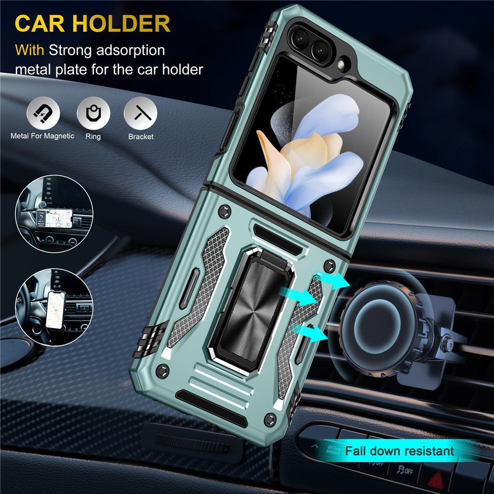 Armor Series For Samsung Galaxy Z Flip7 FE 5G / Z Flip6 5G Case Ring Kickstand PC+TPU Phone Cover - Green