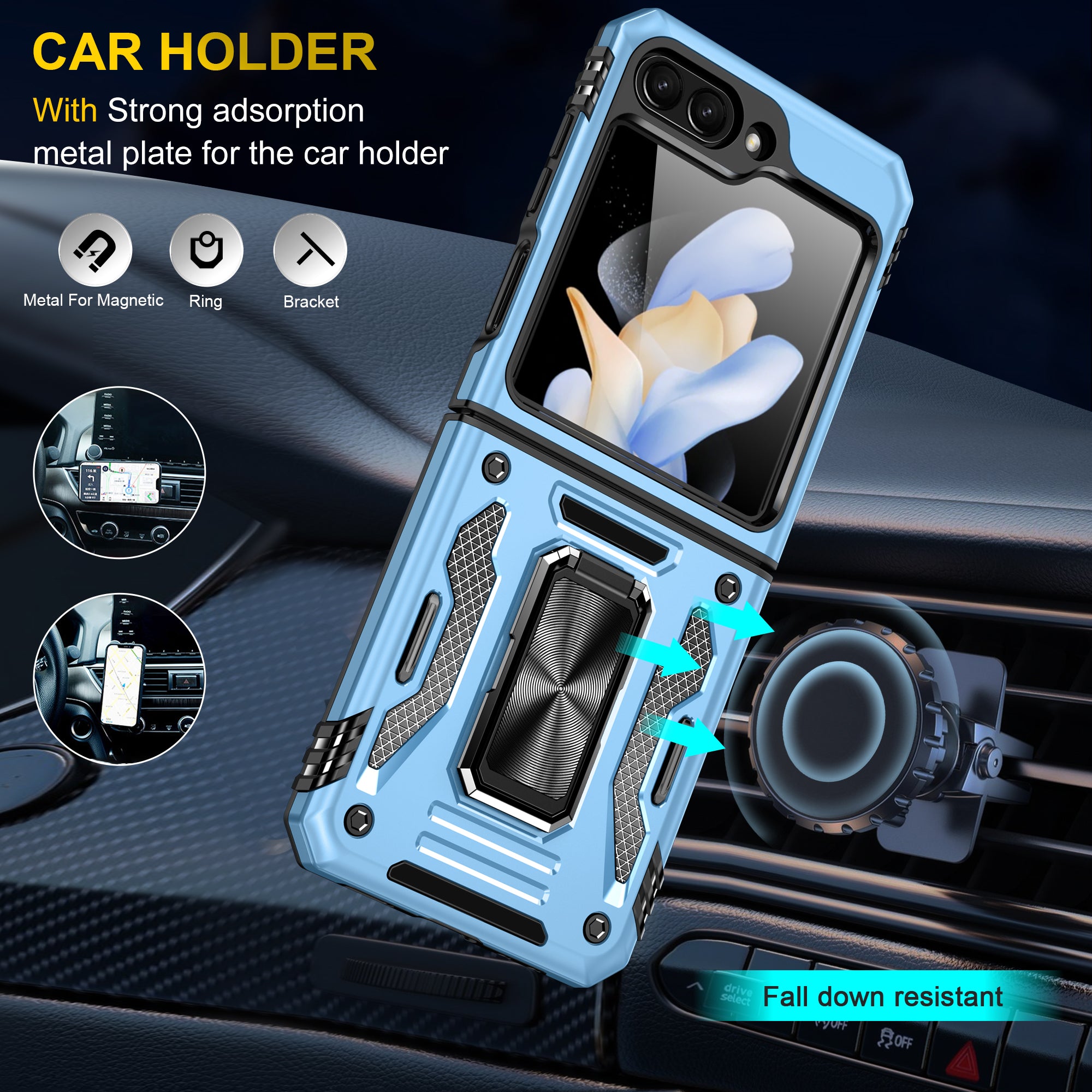 Armor Series For Samsung Galaxy Z Flip6 5G Case Ring Kickstand PC+TPU Phone Cover - Baby Blue