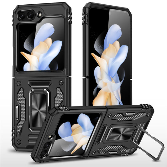 Armor Series For Samsung Galaxy Z Flip7 FE 5G / Z Flip6 5G Case Ring Kickstand PC+TPU Phone Cover - Black