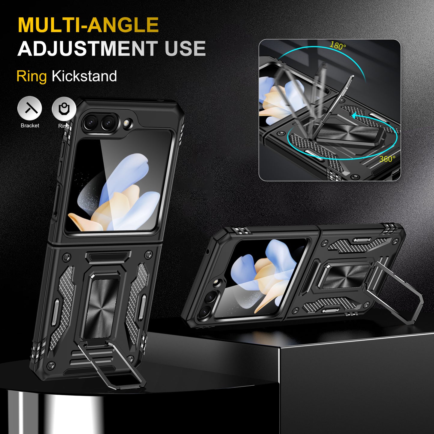 Armor Series For Samsung Galaxy Z Flip6 5G Case Ring Kickstand PC+TPU Phone Cover - Black