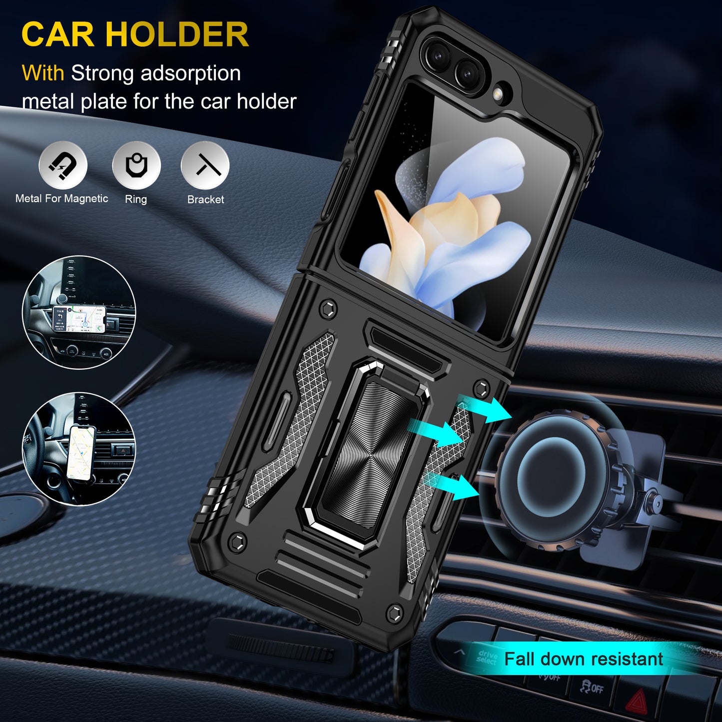 Armor Series For Samsung Galaxy Z Flip6 5G Case Ring Kickstand PC+TPU Phone Cover - Black