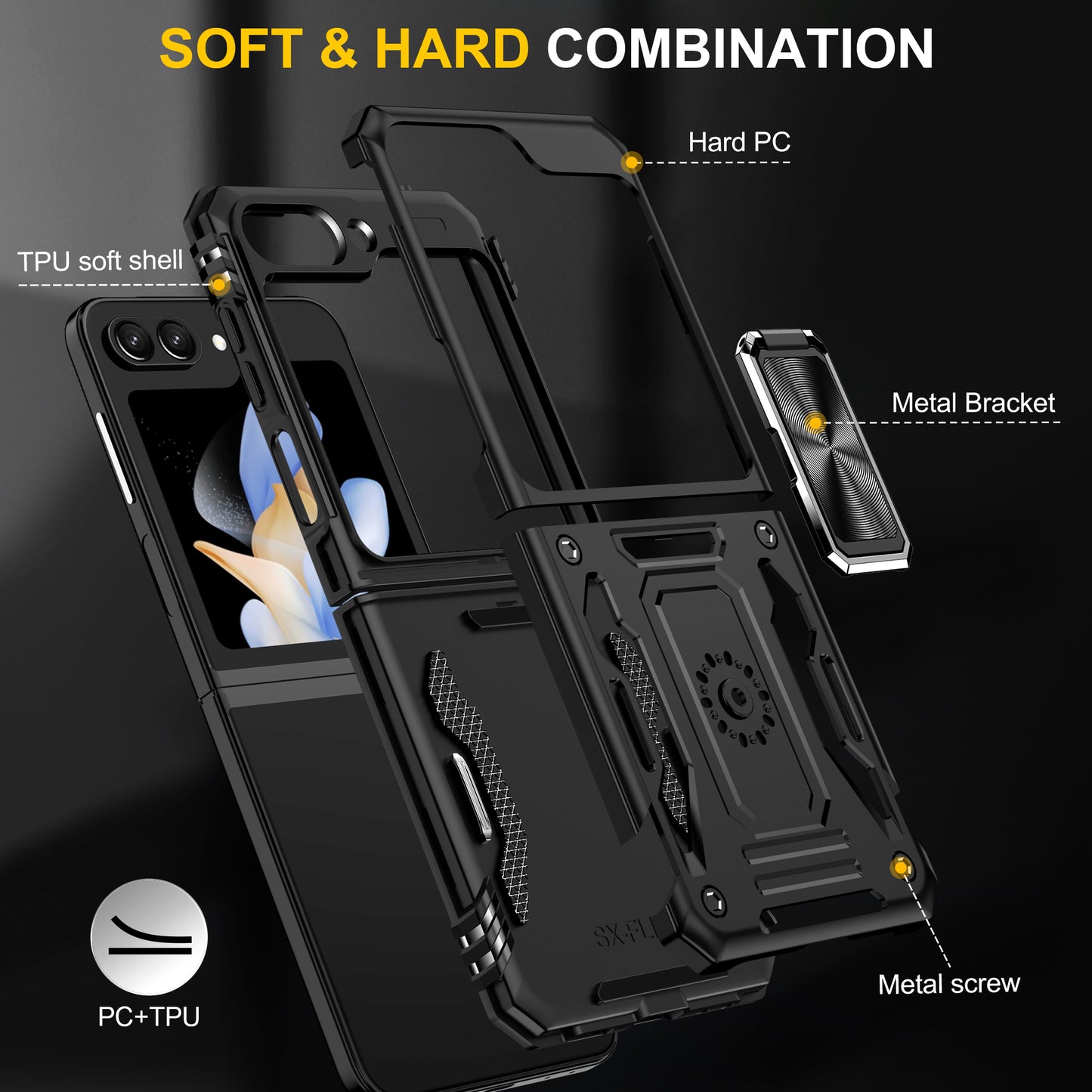 Armor Series For Samsung Galaxy Z Flip6 5G Case Ring Kickstand PC+TPU Phone Cover - Black