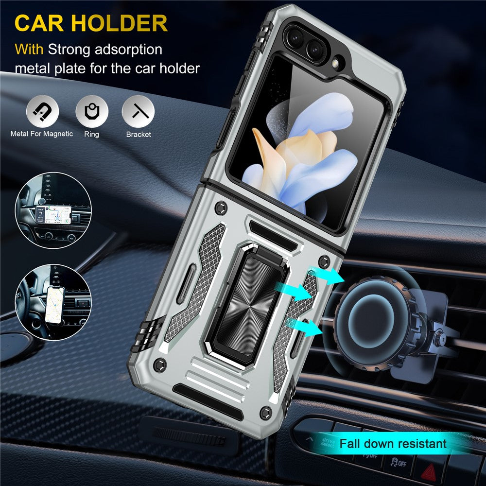 Armor Series For Samsung Galaxy Z Flip7 FE 5G / Z Flip6 5G Case Ring Kickstand PC+TPU Phone Cover - Grey