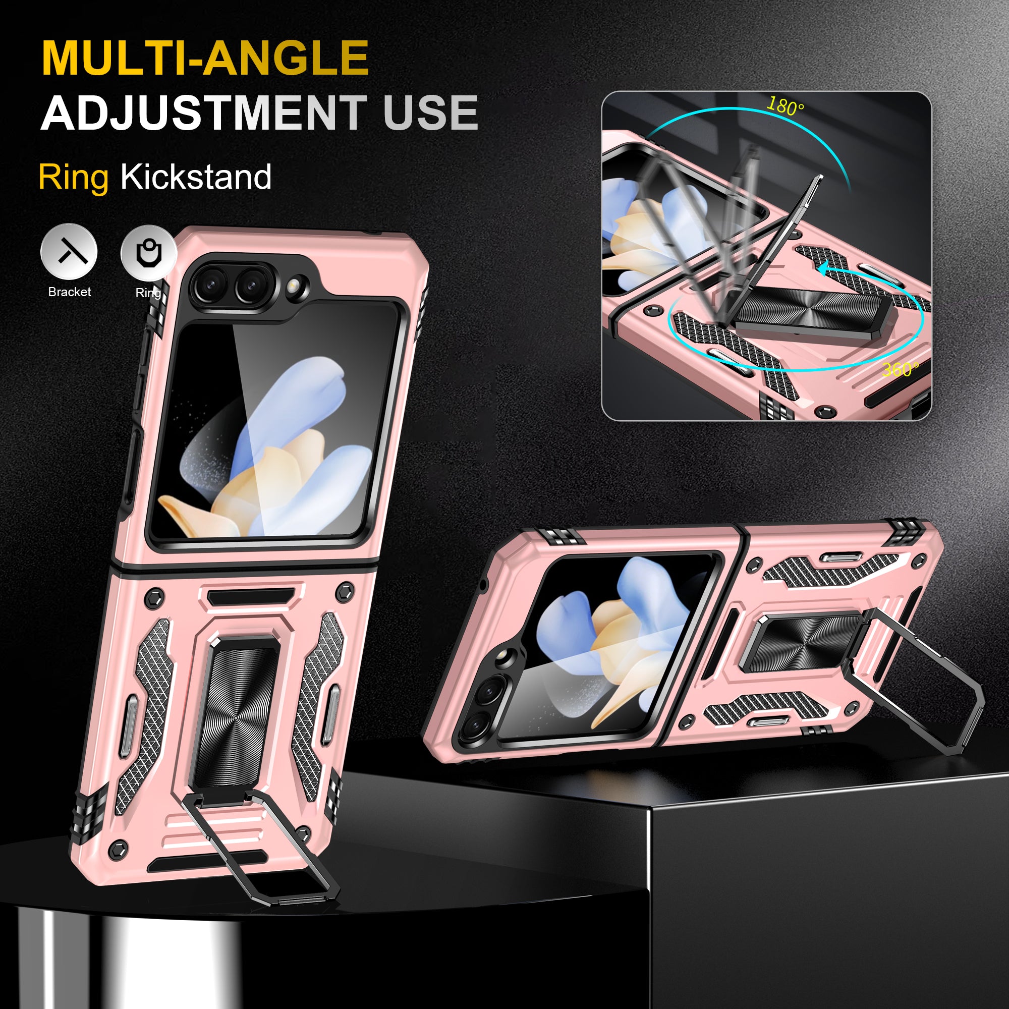 Armor Series For Samsung Galaxy Z Flip6 5G Case Ring Kickstand PC+TPU Phone Cover - Rose Gold