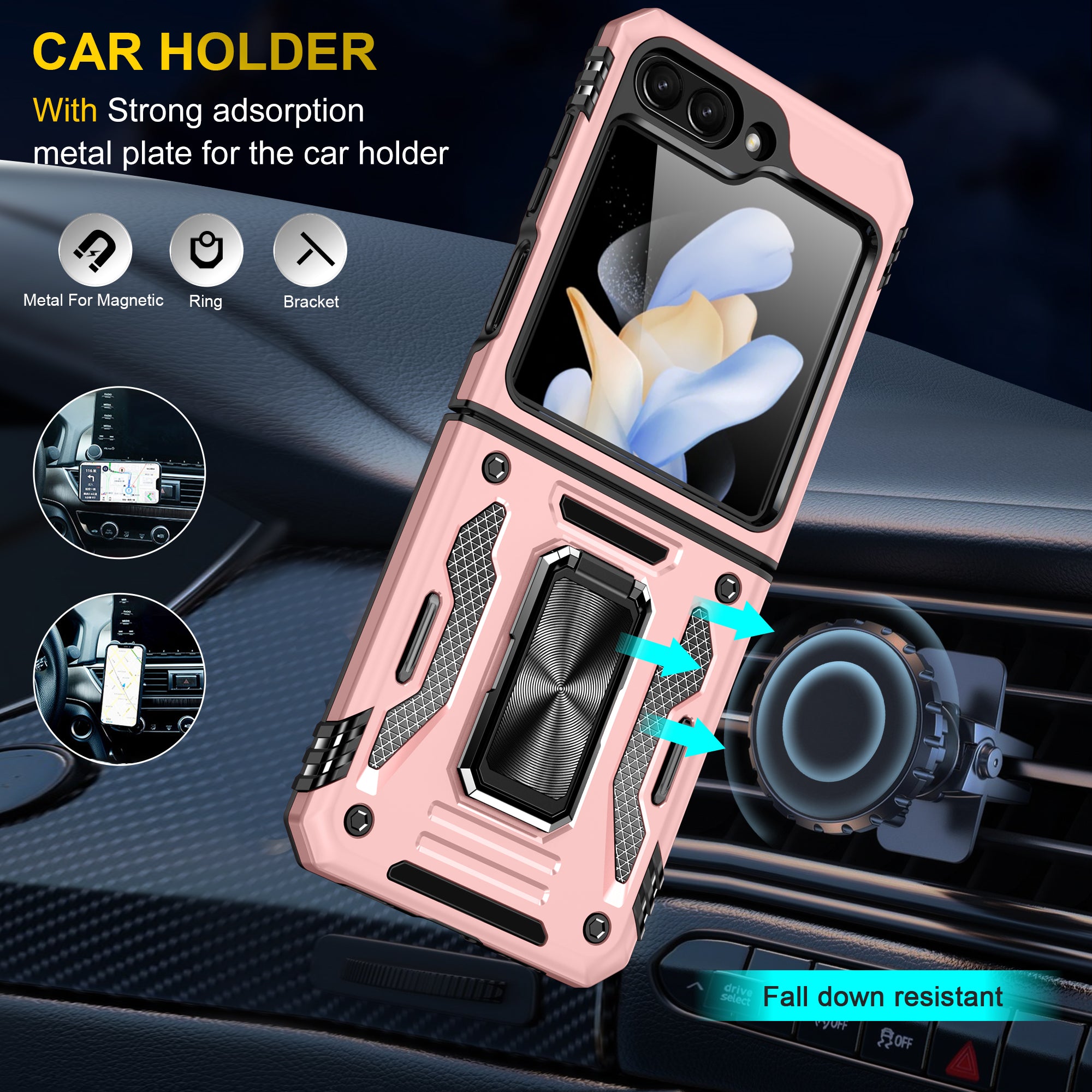 Armor Series For Samsung Galaxy Z Flip6 5G Case Ring Kickstand PC+TPU Phone Cover - Rose Gold