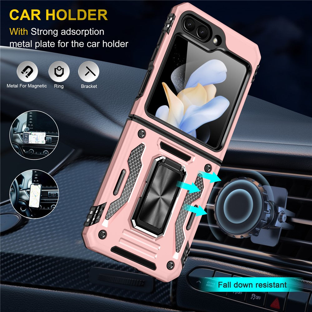 Armor Series For Samsung Galaxy Z Flip7 FE 5G / Z Flip6 5G Case Ring Kickstand PC+TPU Phone Cover - Rose Gold