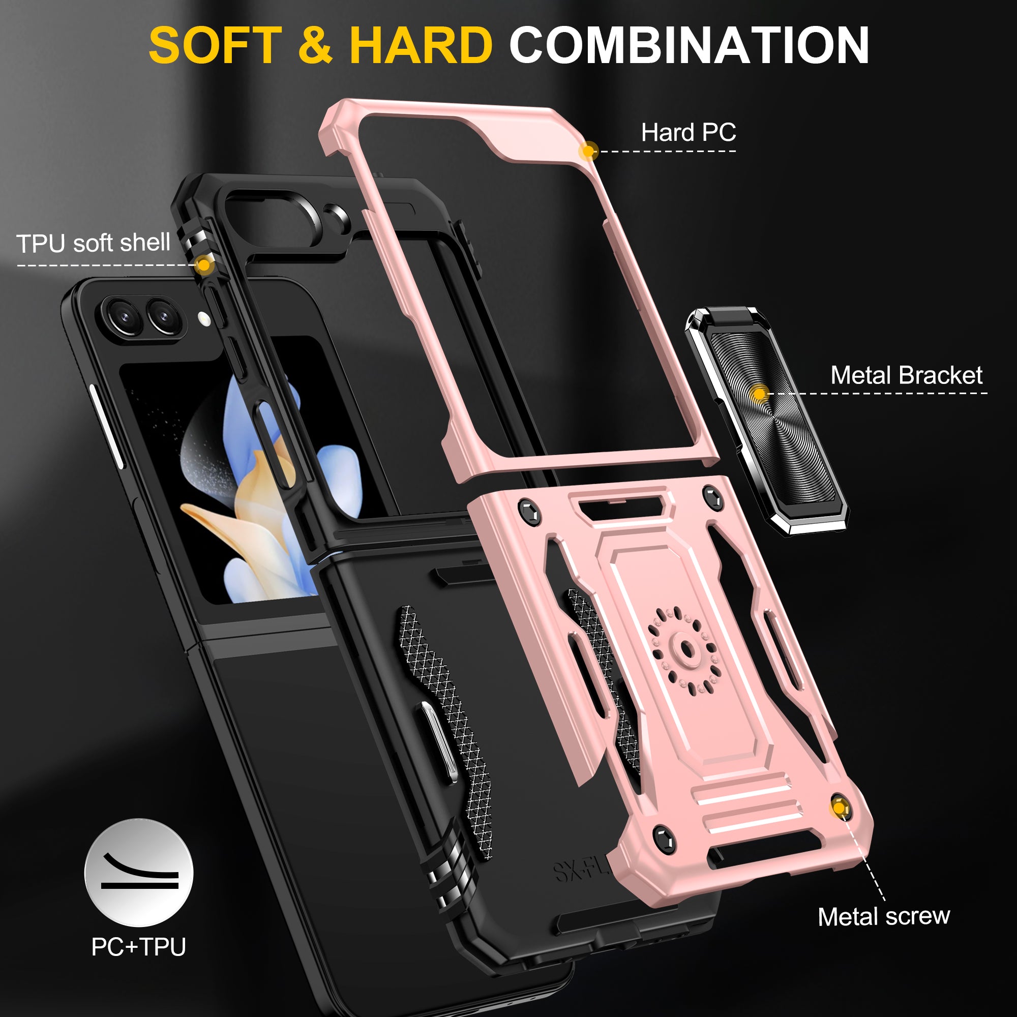 Armor Series For Samsung Galaxy Z Flip6 5G Case Ring Kickstand PC+TPU Phone Cover - Rose Gold