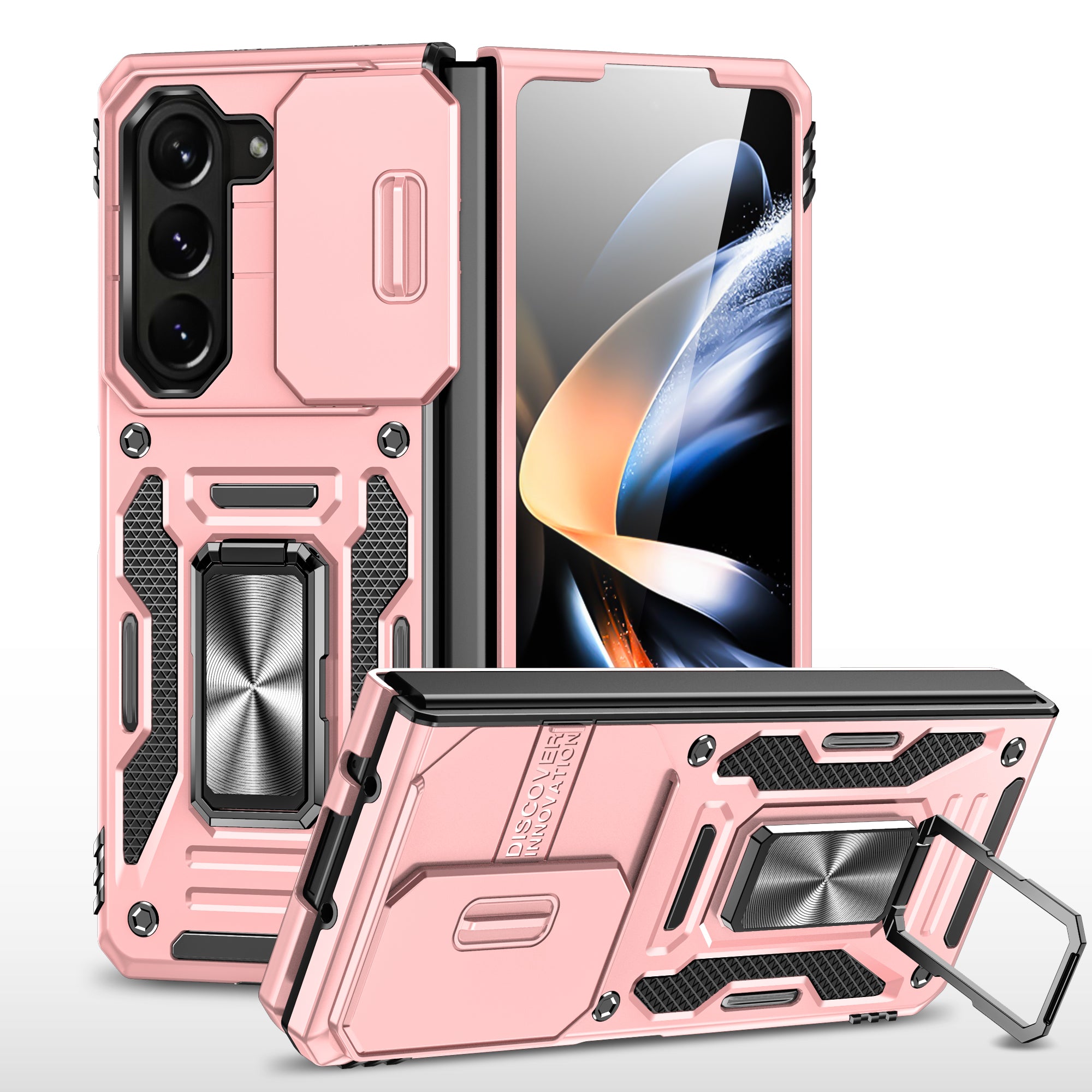 Armor Series For Samsung Galaxy Z Fold6 5G Kickstand Case Slide Lens Cover PC+TPU Phone Shell - Rose Gold