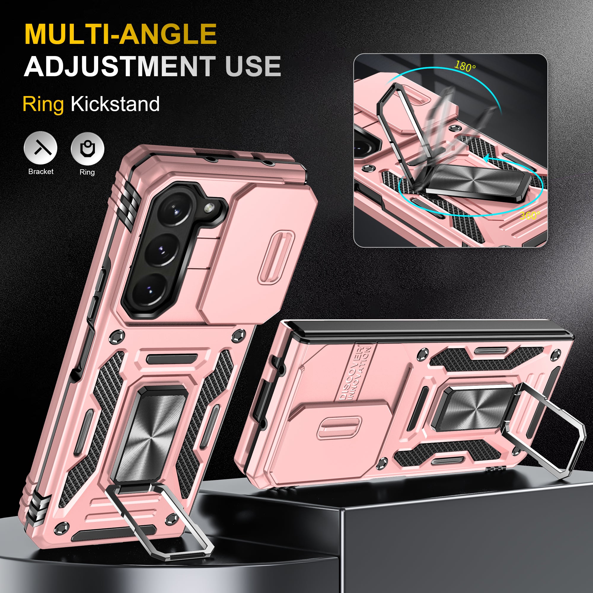 Armor Series For Samsung Galaxy Z Fold6 5G Kickstand Case Slide Lens Cover PC+TPU Phone Shell - Rose Gold