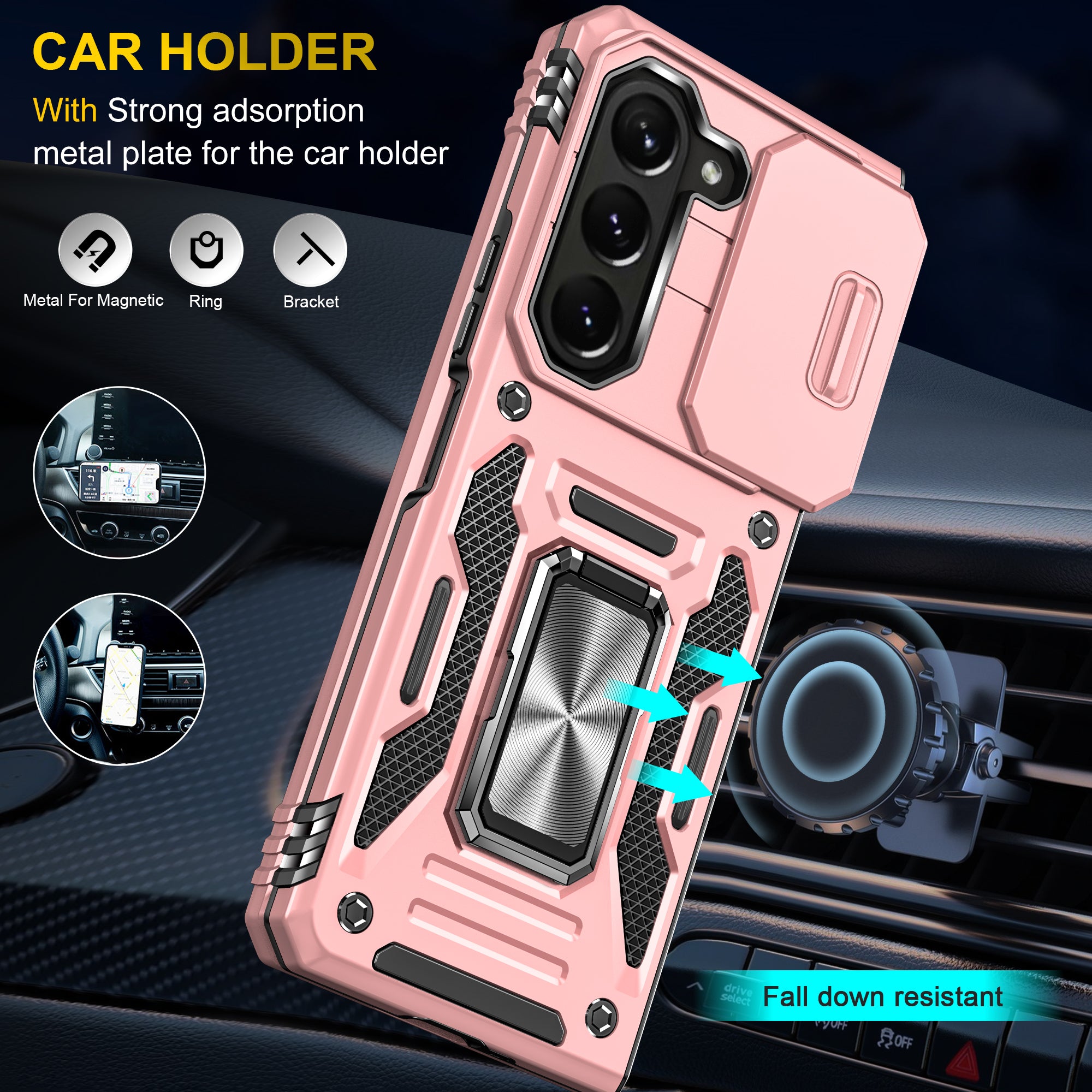 Armor Series For Samsung Galaxy Z Fold6 5G Kickstand Case Slide Lens Cover PC+TPU Phone Shell - Rose Gold