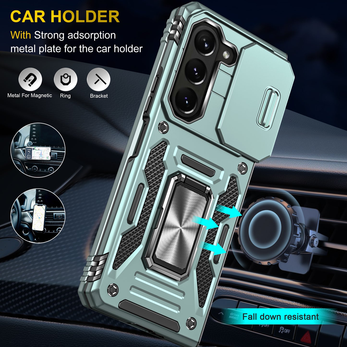 Armor Series For Samsung Galaxy Z Fold6 5G Kickstand Case Slide Lens Cover PC+TPU Phone Shell - Green