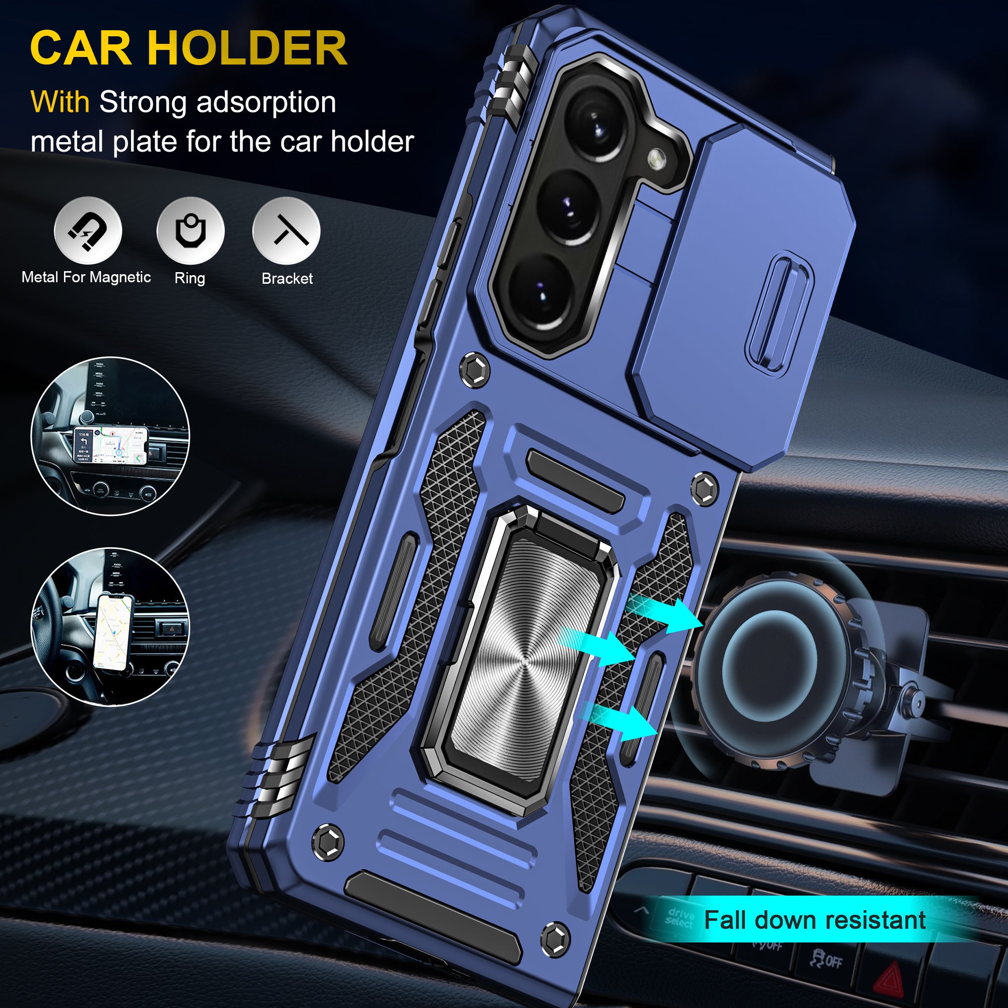 Armor Series For Samsung Galaxy Z Fold6 5G Kickstand Case Slide Lens Cover PC+TPU Phone Shell - Navy Blue