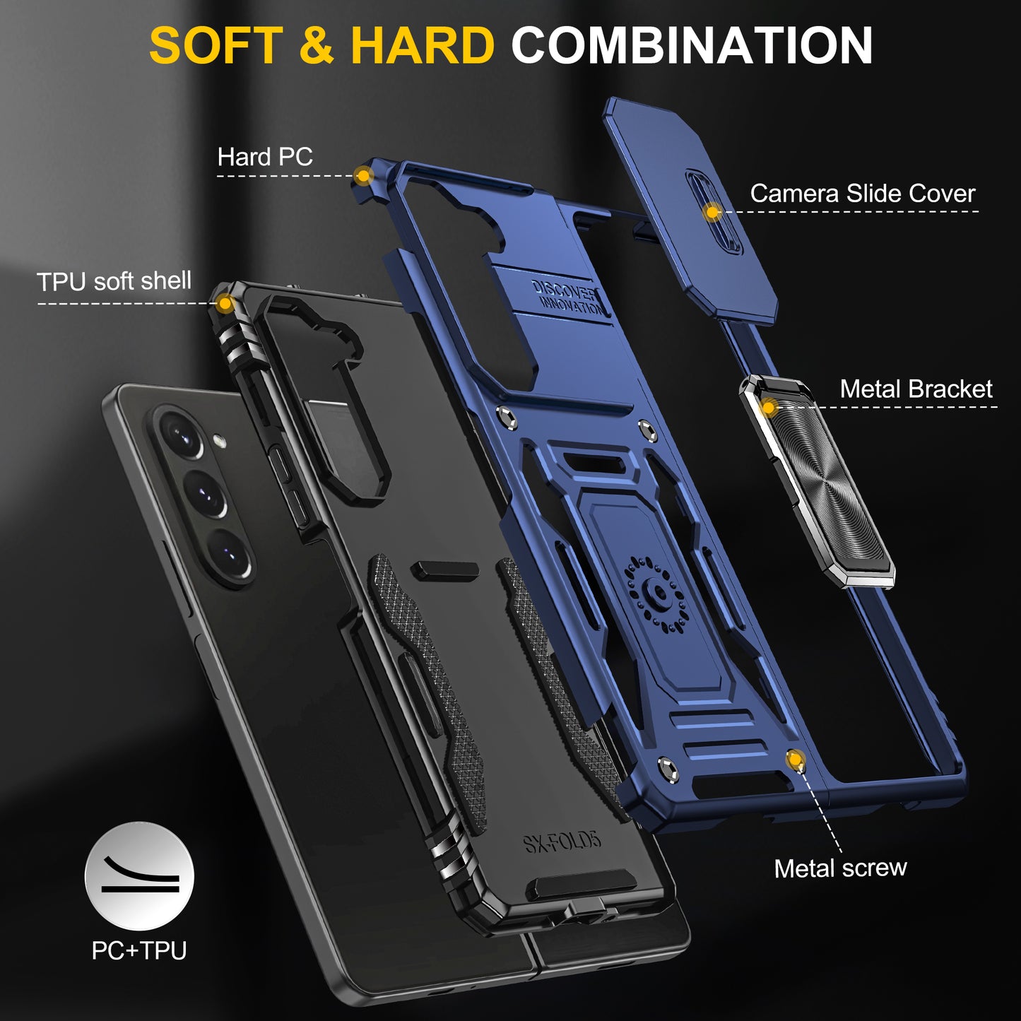 Armor Series For Samsung Galaxy Z Fold6 5G Kickstand Case Slide Lens Cover PC+TPU Phone Shell - Navy Blue