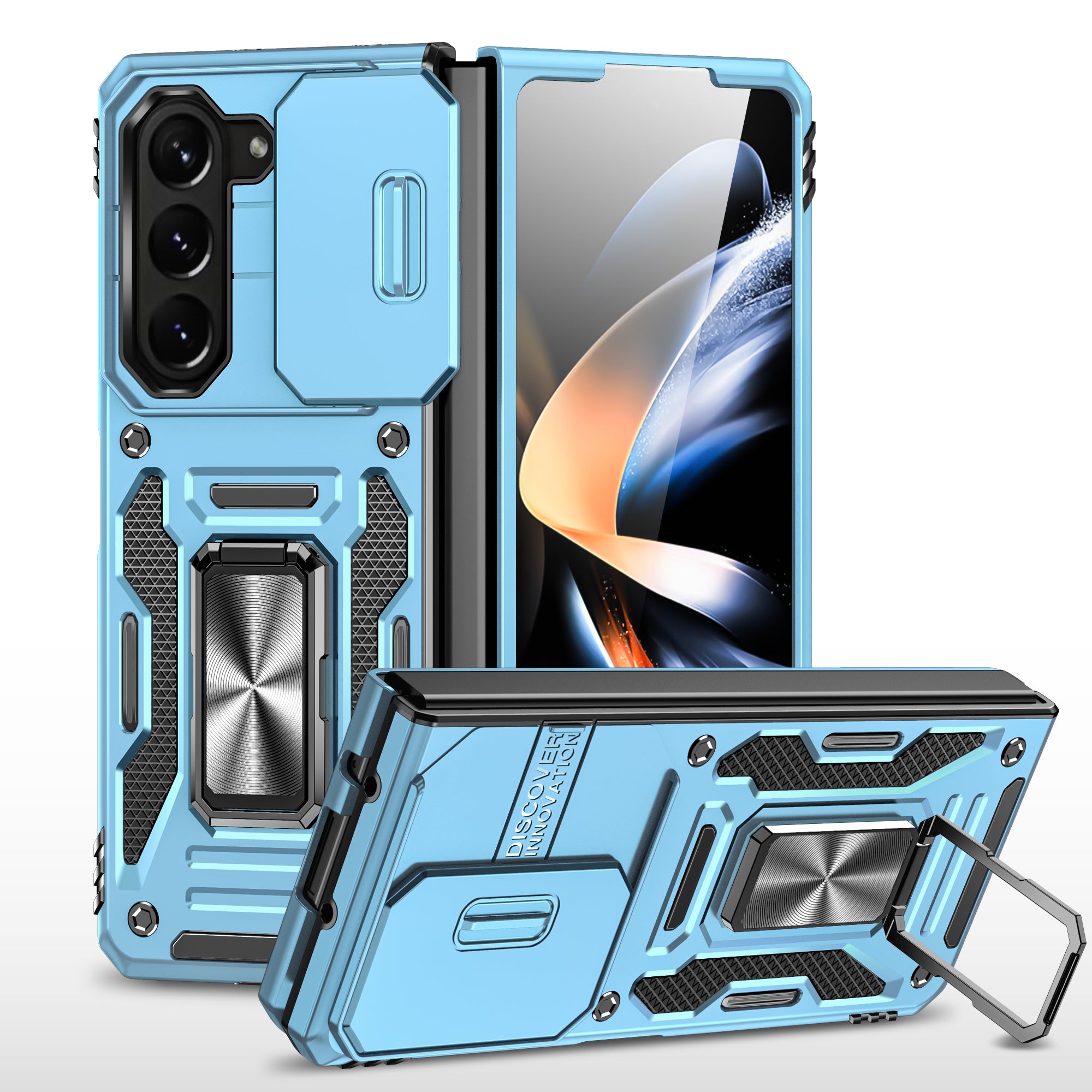 Armor Series For Samsung Galaxy Z Fold6 5G Kickstand Case Slide Lens Cover PC+TPU Phone Shell - Baby Blue