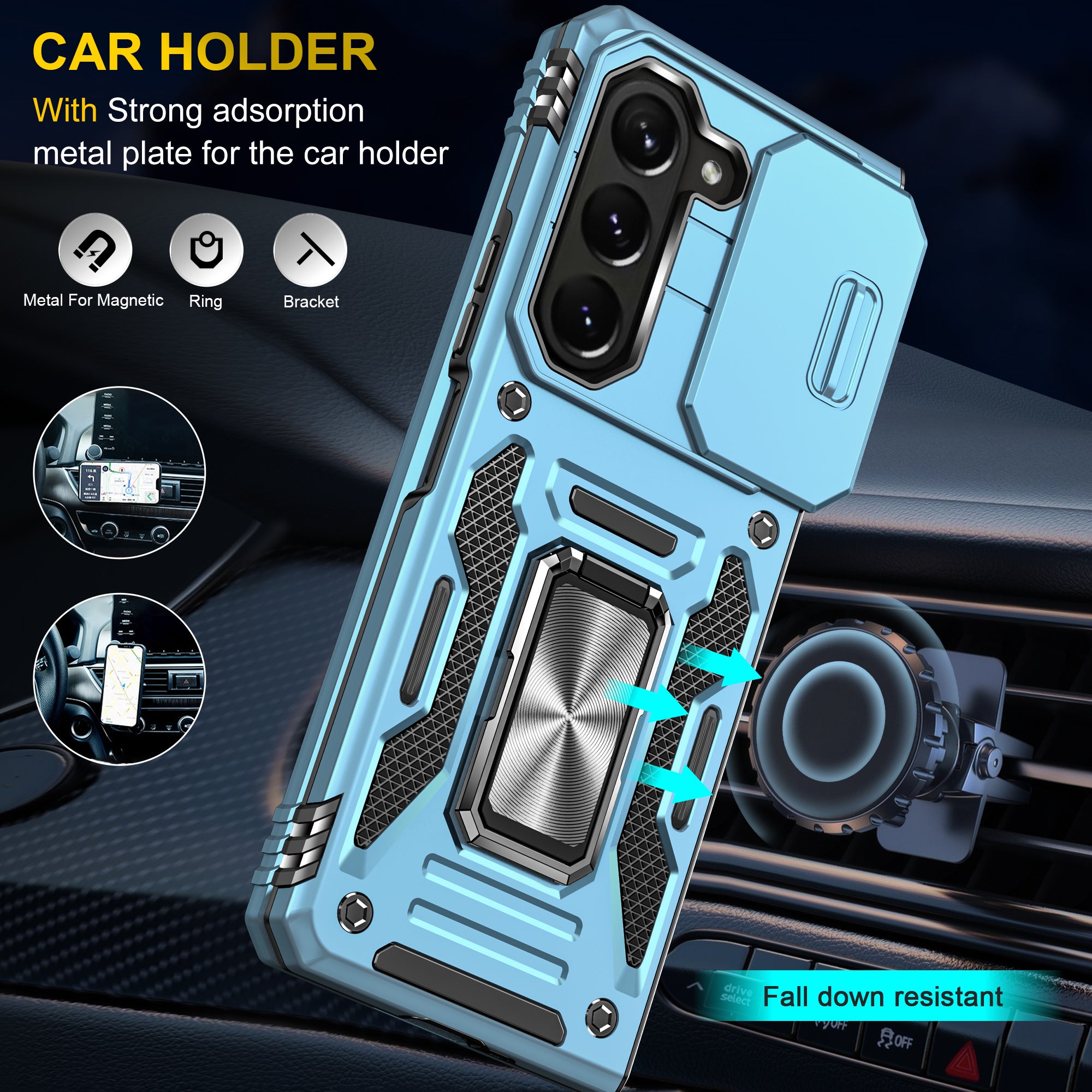 Armor Series For Samsung Galaxy Z Fold6 5G Kickstand Case Slide Lens Cover PC+TPU Phone Shell - Baby Blue