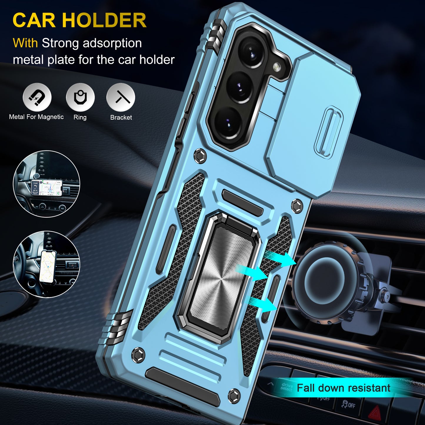 Armor Series For Samsung Galaxy Z Fold6 5G Kickstand Case Slide Lens Cover PC+TPU Phone Shell - Baby Blue