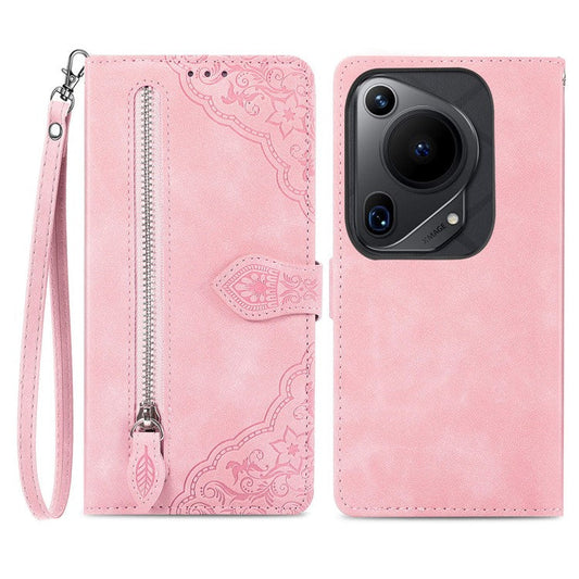 For Huawei Pura 70 Ultra Case Stand Zipper Wallet Flower Phone Leather Cover - Pink