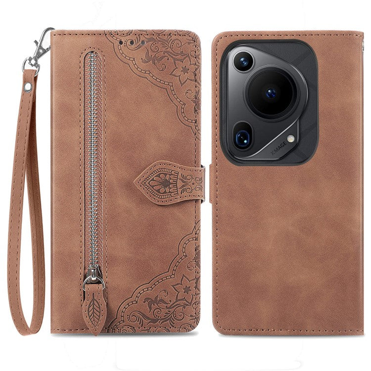 For Huawei Pura 70 Ultra Case Stand Zipper Wallet Flower Phone Leather Cover - Brown