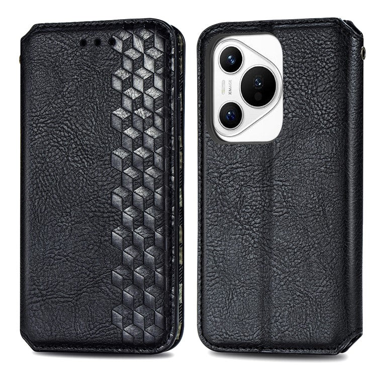 For Huawei Pura 70 Case Rhombus Leather Wallet Phone Cover Magnetic Closing - Black