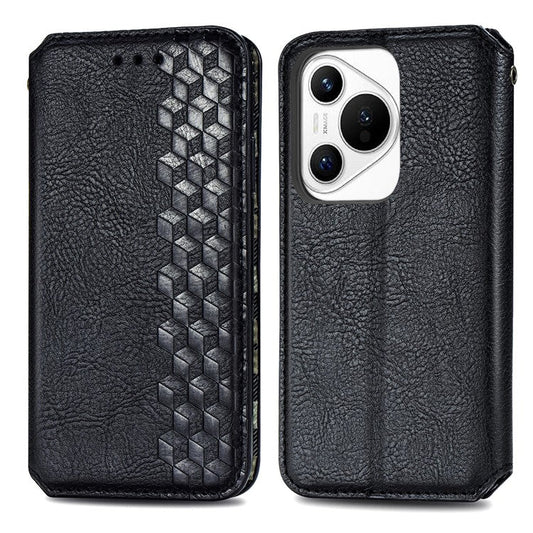 For Huawei Pura 70 Case Rhombus Leather Wallet Phone Cover Magnetic Closing - Black