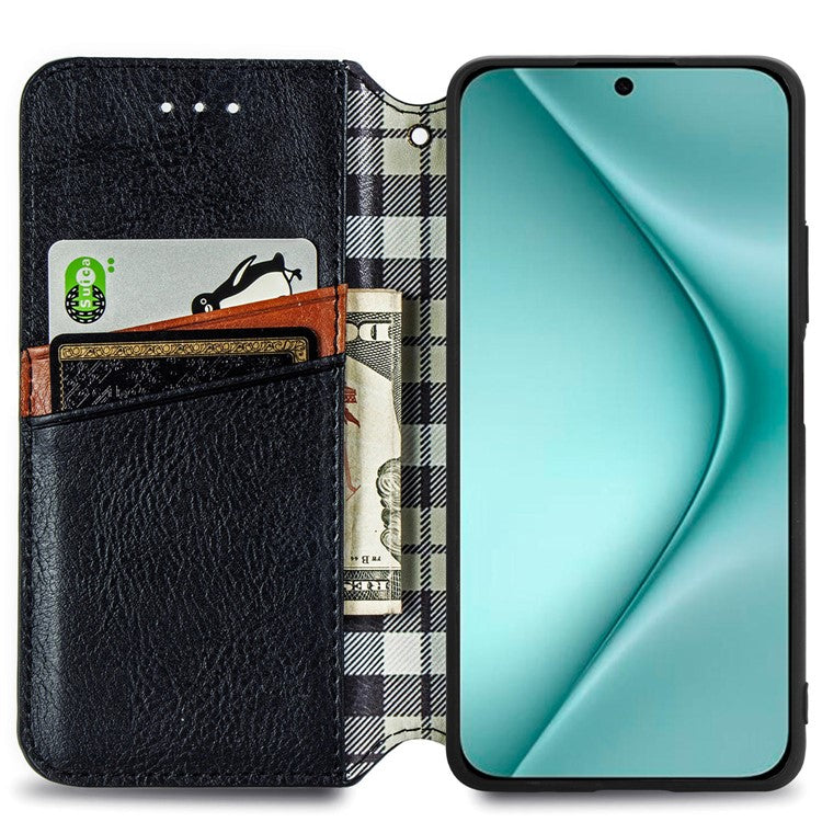 For Huawei Pura 70 Case Rhombus Leather Wallet Phone Cover Magnetic Closing - Black