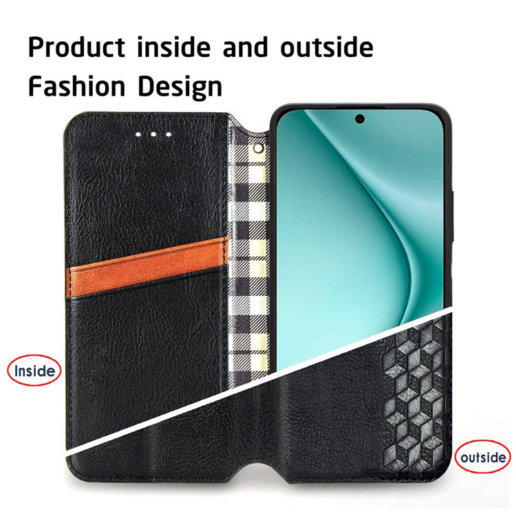 For Huawei Pura 70 Case Rhombus Leather Wallet Phone Cover Magnetic Closing - Black
