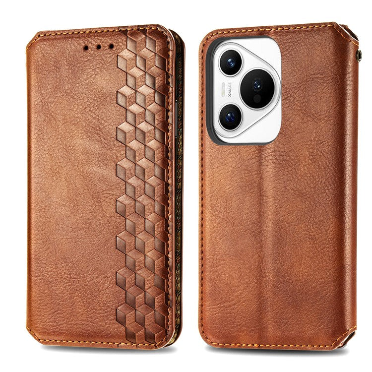For Huawei Pura 70 Case Rhombus Leather Wallet Phone Cover Magnetic Closing - Brown