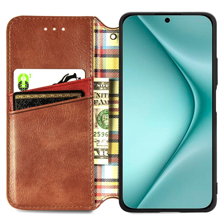For Huawei Pura 70 Case Rhombus Leather Wallet Phone Cover Magnetic Closing - Brown