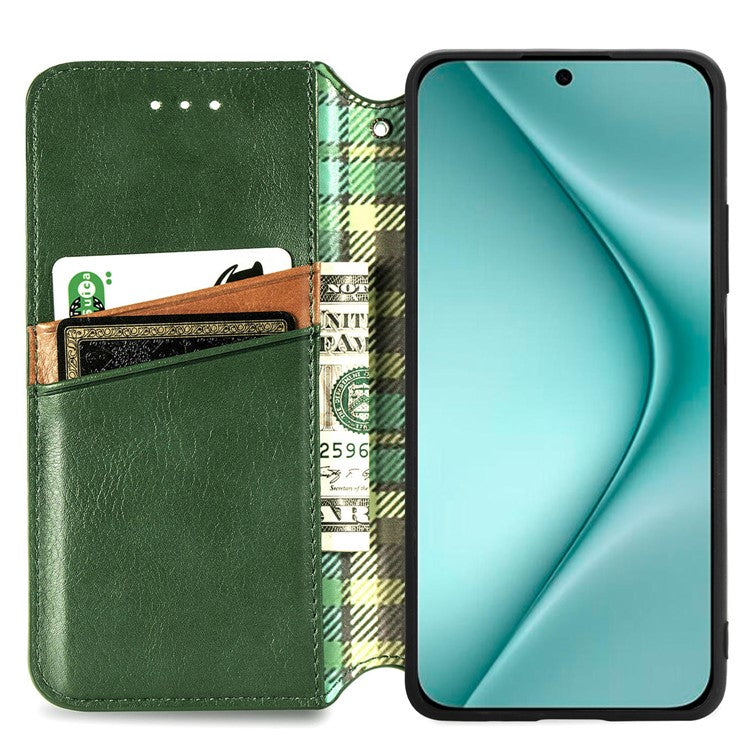 For Huawei Pura 70 Case Rhombus Leather Wallet Phone Cover Magnetic Closing - Green