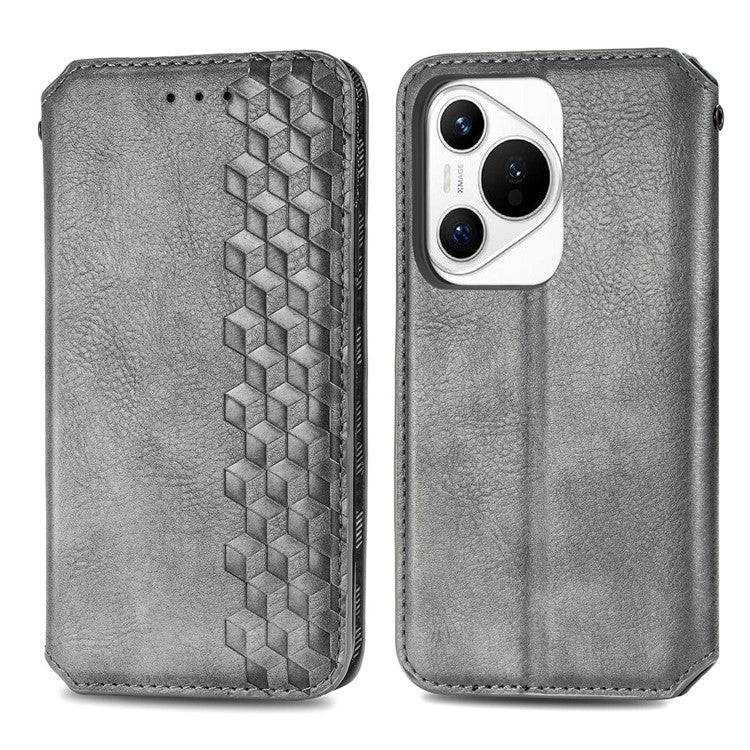 For Huawei Pura 70 Case Rhombus Leather Wallet Phone Cover Magnetic Closing - Grey
