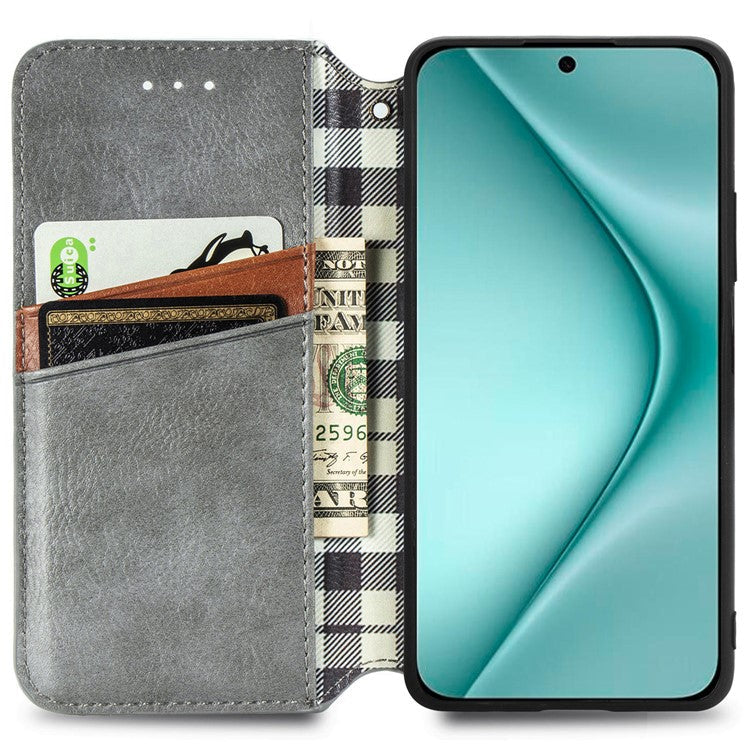 For Huawei Pura 70 Case Rhombus Leather Wallet Phone Cover Magnetic Closing - Grey