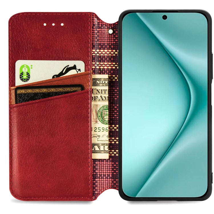 For Huawei Pura 70 Case Rhombus Leather Wallet Phone Cover Magnetic Closing - Red