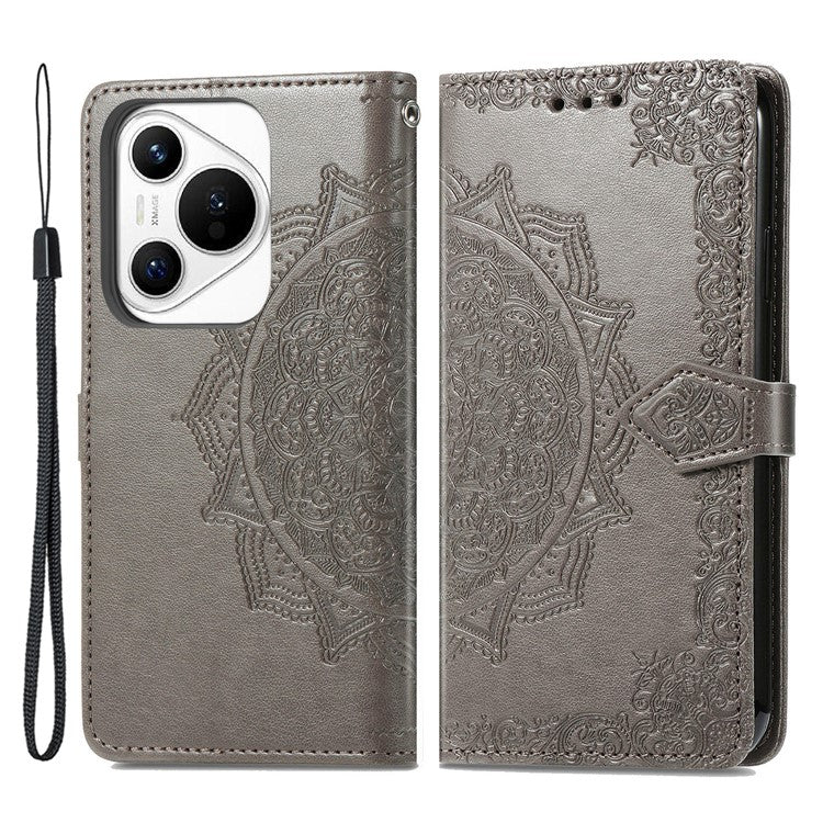 For Huawei Pura 70 Case Mandala Flower Stand Leather Wallet Phone Cover - Grey