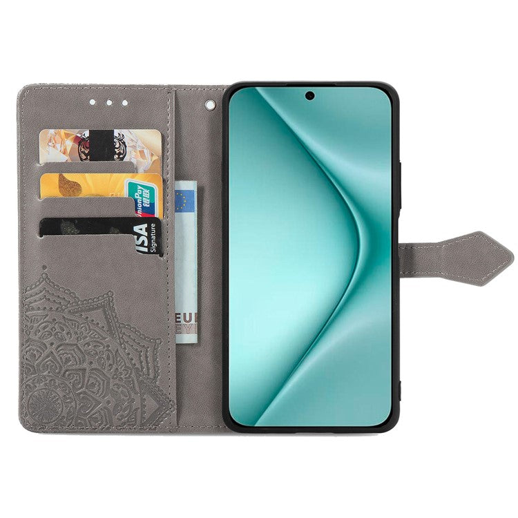 For Huawei Pura 70 Case Mandala Flower Stand Leather Wallet Phone Cover - Grey