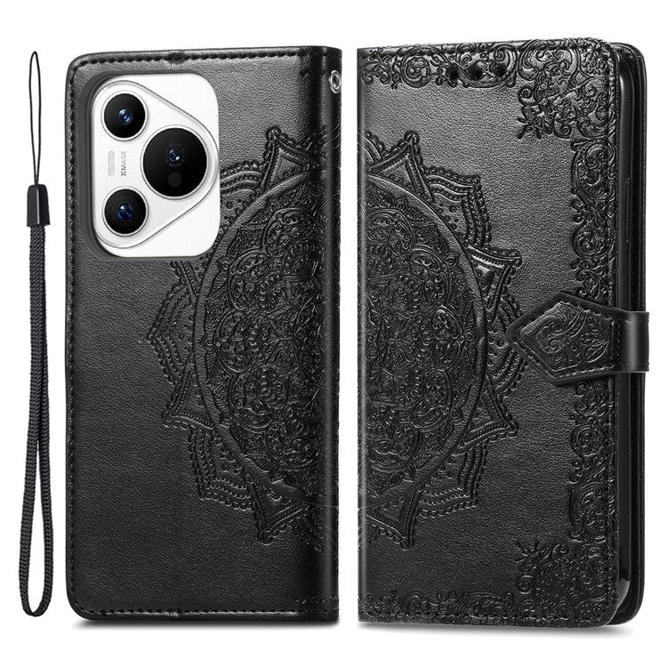 For Huawei Pura 70 Case Mandala Flower Stand Leather Wallet Phone Cover - Black