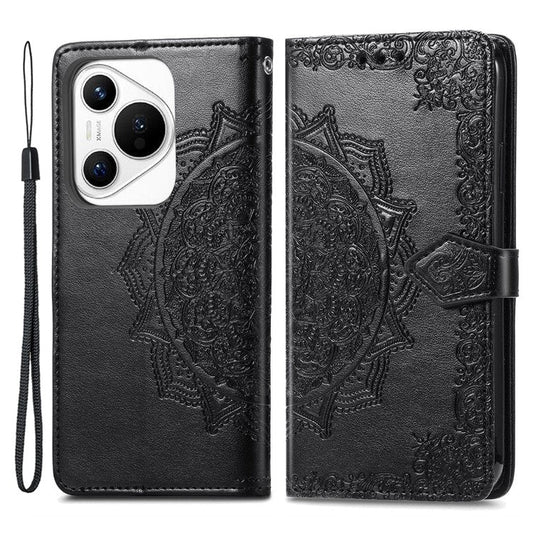 For Huawei Pura 70 Case Mandala Flower Stand Leather Wallet Phone Cover - Black