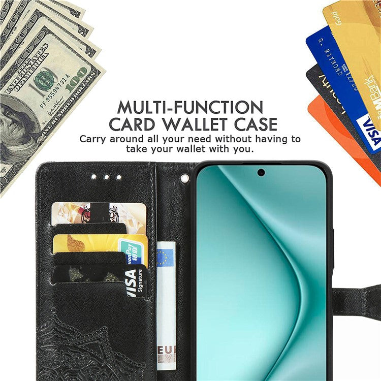 For Huawei Pura 70 Case Mandala Flower Stand Leather Wallet Phone Cover - Black