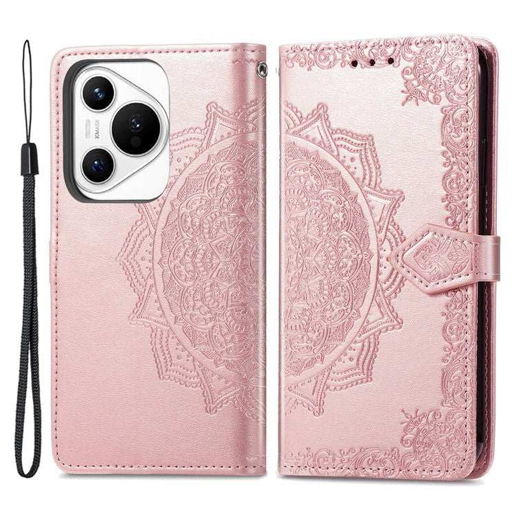For Huawei Pura 70 Case Mandala Flower Stand Leather Wallet Phone Cover - Rose Gold