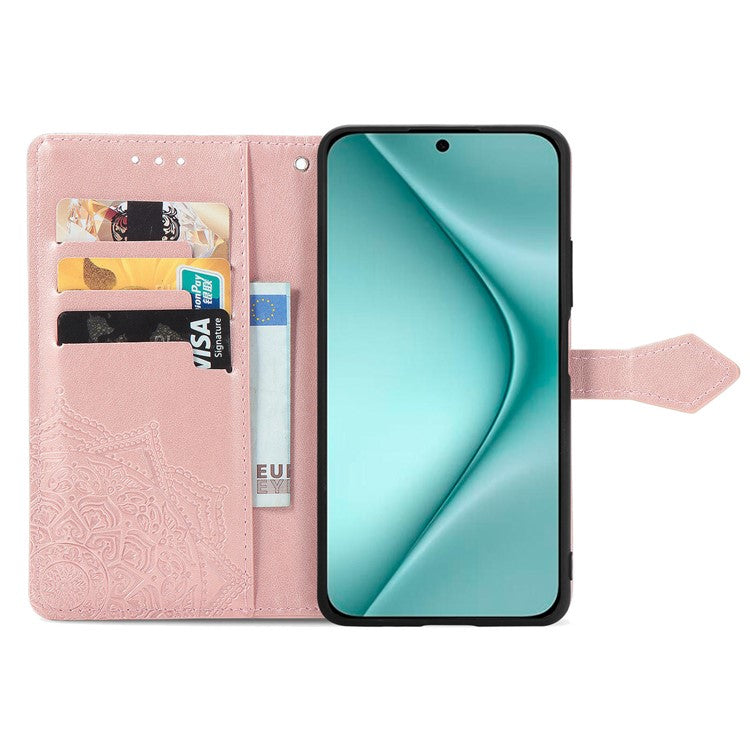 For Huawei Pura 70 Case Mandala Flower Stand Leather Wallet Phone Cover - Rose Gold