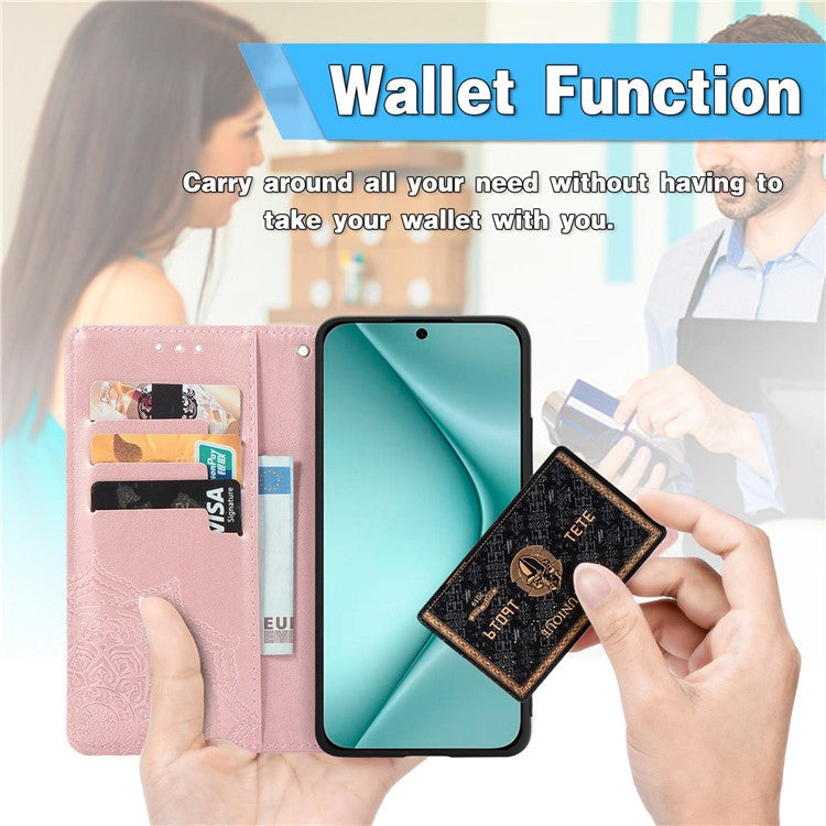 For Huawei Pura 70 Case Mandala Flower Stand Leather Wallet Phone Cover - Rose Gold