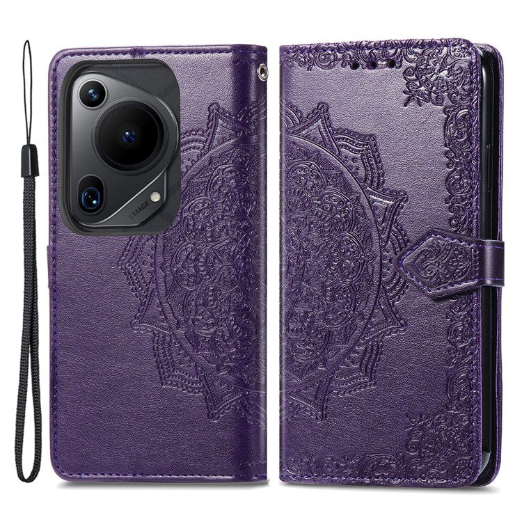 For Huawei Pura 70 Ultra Case PU Leather Mandala Flower Phone Cover with Strap - Purple