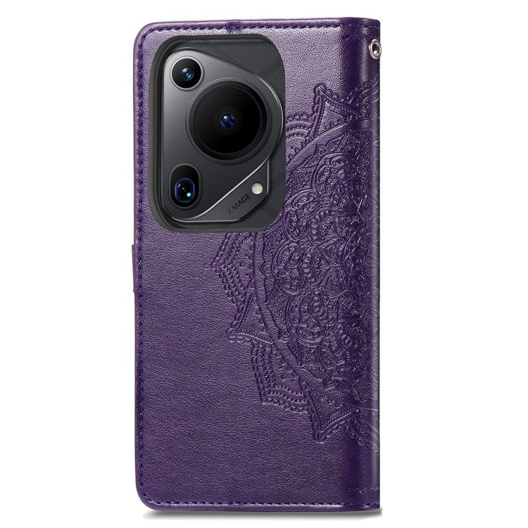 For Huawei Pura 70 Ultra Case PU Leather Mandala Flower Phone Cover with Strap - Purple