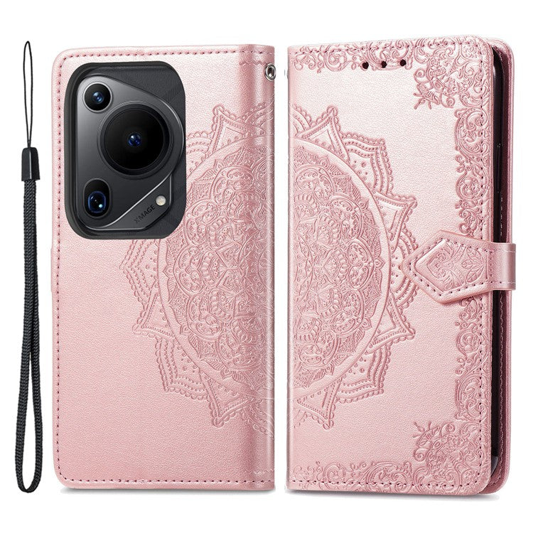 For Huawei Pura 70 Ultra Case PU Leather Mandala Flower Phone Cover with Strap - Rose Gold